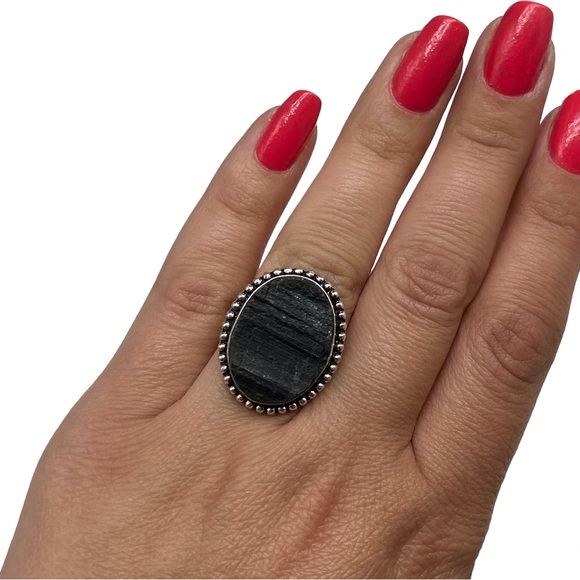 Artisan Jewelry - Black Tourmaline Ring Size 6 Sterling Silver 925 Overlay Natural Stone Oval Raw